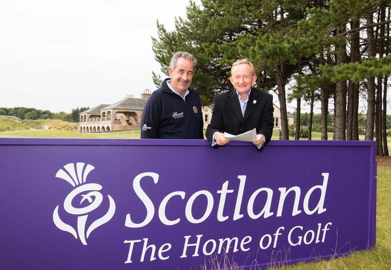 Visit Scotland Chairman Mike Cantlay and 2014 European Ryder Cup Vice Captain Sam Torrance launch the 2014 Ryder Cup Economic Benefits Study during Prostate Cancer UK Scottish Seniors Golf at Archerfield, East Lothian, Scotland : Picture Stuart Adams, www.golftourimages.com: �8-Jul-15