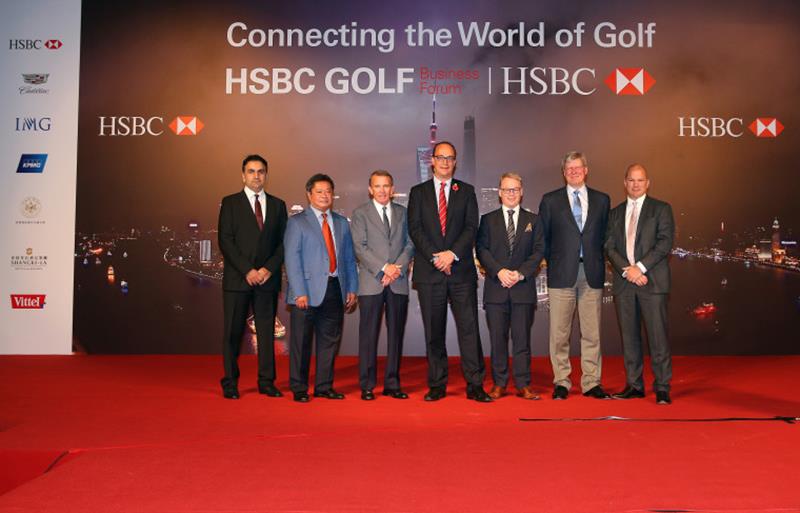 SHANGHAI, CHINA - NOVEMBER 03:  (L-R) HE Aref Al Awani, (General Secretary of Abu Dhabi Sports Council), Kyi Hla Han (Chairman of The Asian Tour), Tim Finchem (PGA TOUR Commissioner), Giles Morgan (Global Head of Sponsorship and Events, HSBC), Keith Pelley (European Tour Chief Executive), Martin Slumbers (Chief Executive of the R&A) and Guy Kinnings (Global Head of Golf at IMG) pose for a photograph following the HSBC Golf Sponsorship Renewal Announcement at the HSBC Golf Business Forum on November 3, 2015 in Shanghai, China.  (Photo by Andrew Redington/Getty Images) *** Local Caption *** HE Aref Al Awani; Kyi Hla Han; Tim Finchem; Giles Morgan; Keith Pelley; Martin Slumbers; Guy Kinnings
