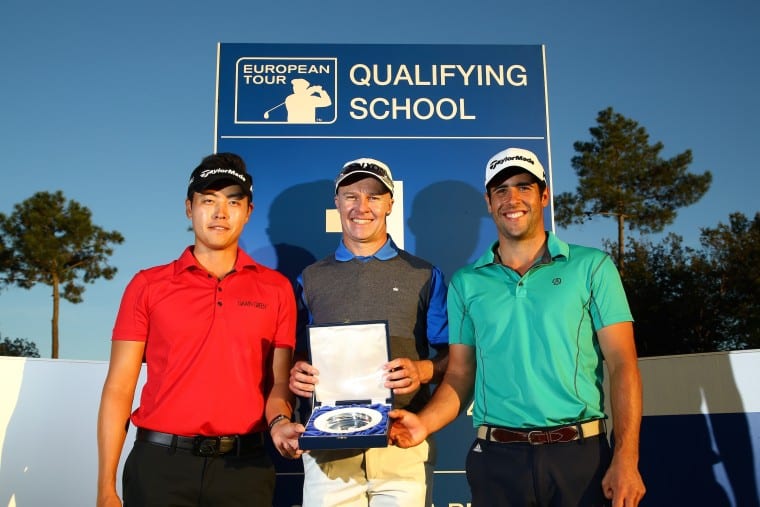 GIRONA, SPAIN - NOVEMBER 19: (L-R) Daniel Im of the USA, Ulrich Van den Berg of South Africa and Adrian Otaegui of Spain pose with the winners trophy after all finishing jointly on -18 under par during the final round of the European Tour Qualifying School Final at PGA Catalunya Resort on November 19, 2015 in Girona, Spain. (Photo by Richard Heathcote/Getty Images)