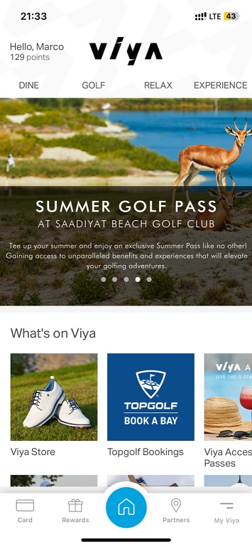 Dubai Golf VIYA cashback lifestyle rewards app Home Page Offers